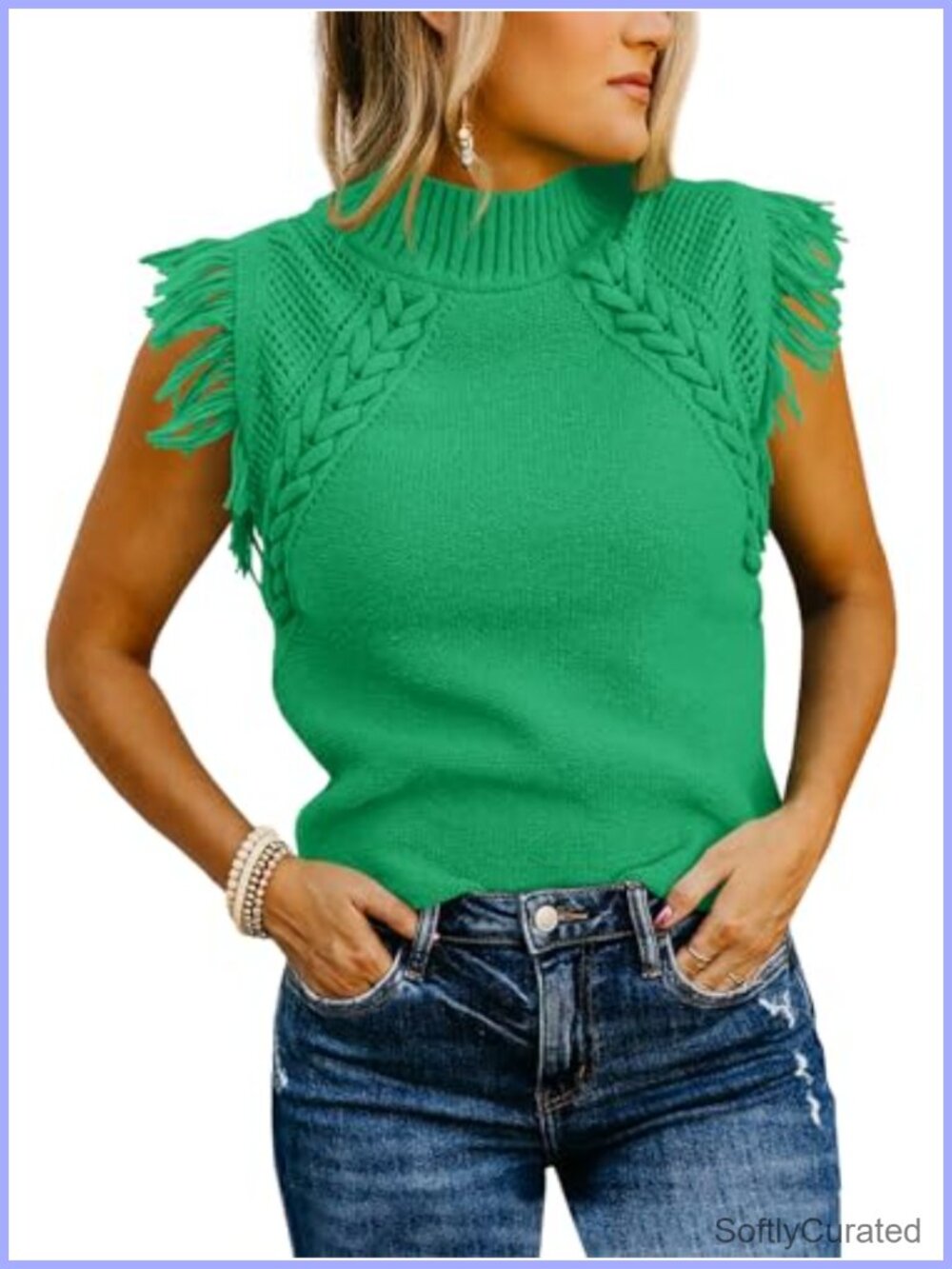 Sleeveless Sweater Vest Mock Neck Cable Knit Fringe Cap Sleeve Pullover